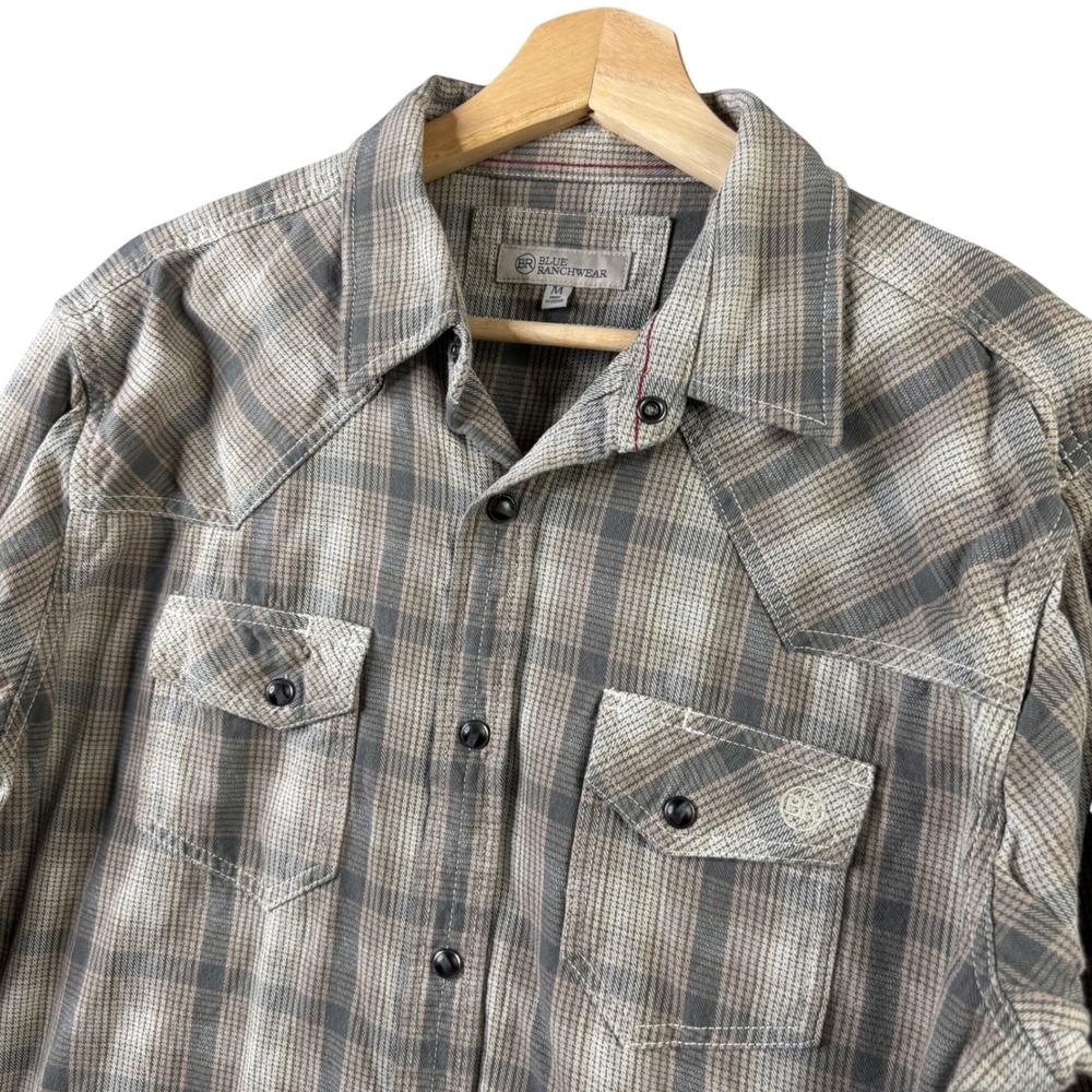 Blue Ranchwear Mens Brown Plaid‎ Western Pearl Snap Long Sleeve Shirt Size M